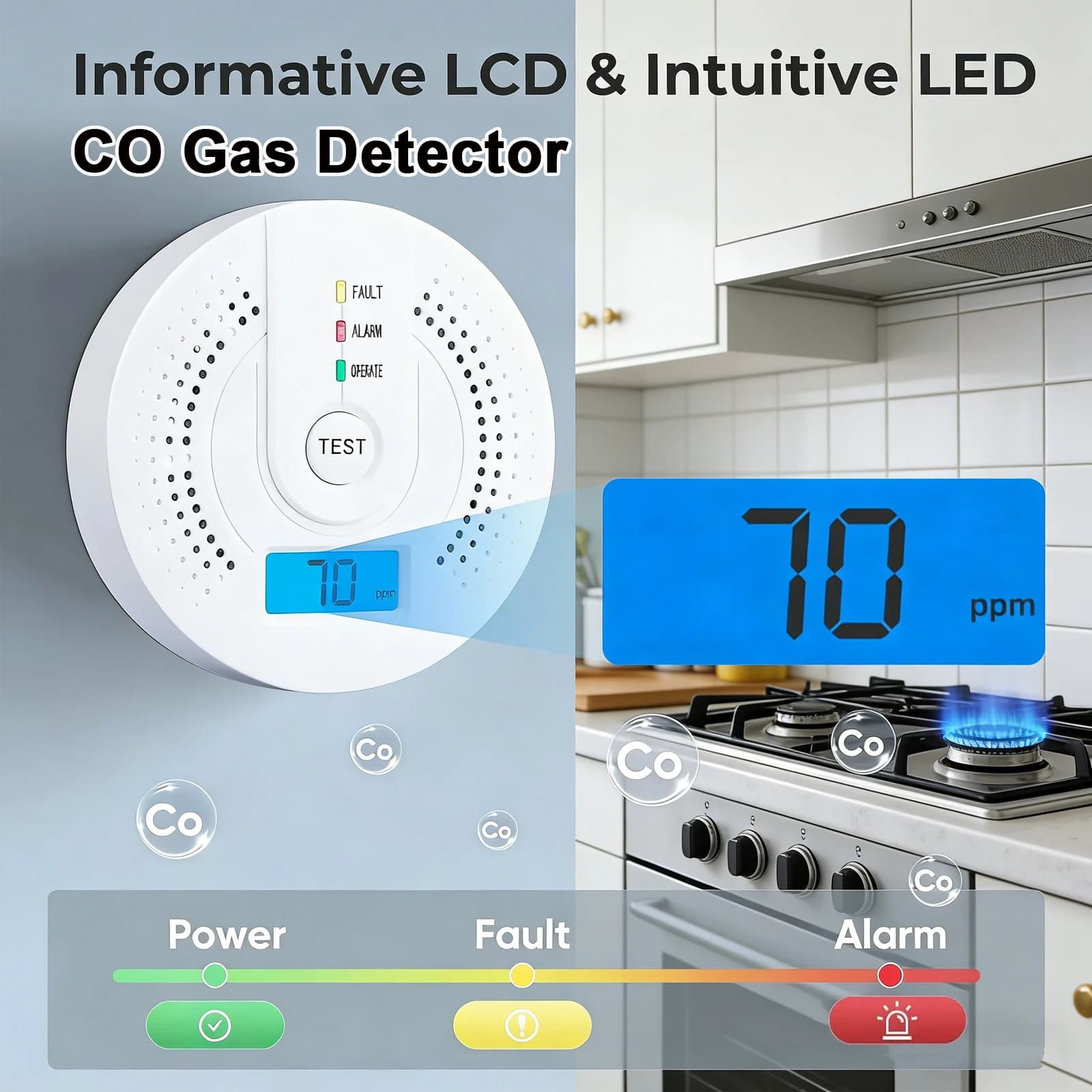 2/1 Pezzi Rilevatori di Monossido di Carbonio, Allarme Gas CO con Display Digitale LCD per Casa, Camera da Letto, Cucina, Ufficio