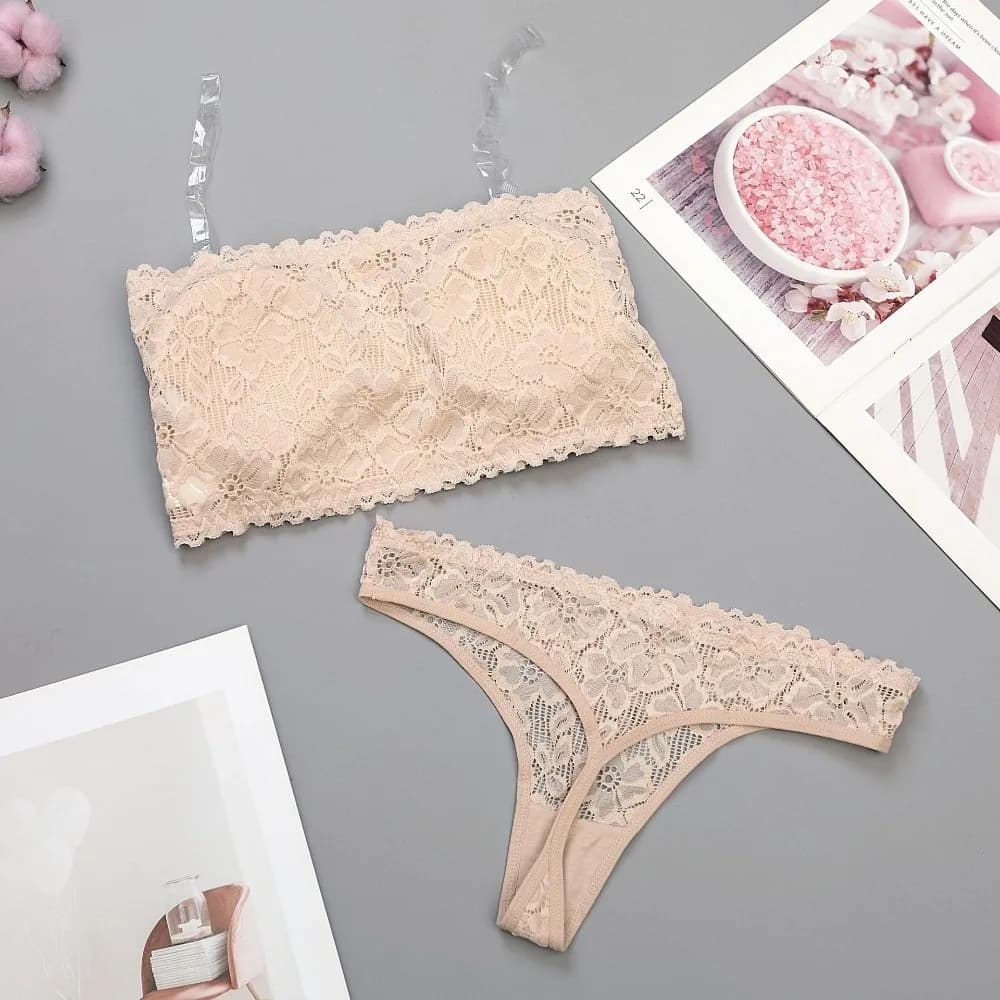 Lace Sheer Flower Thong Bra Set Invisible Straps Low Waist Floral Panties Bra Kit Hollow Lingerie Underwear for Women