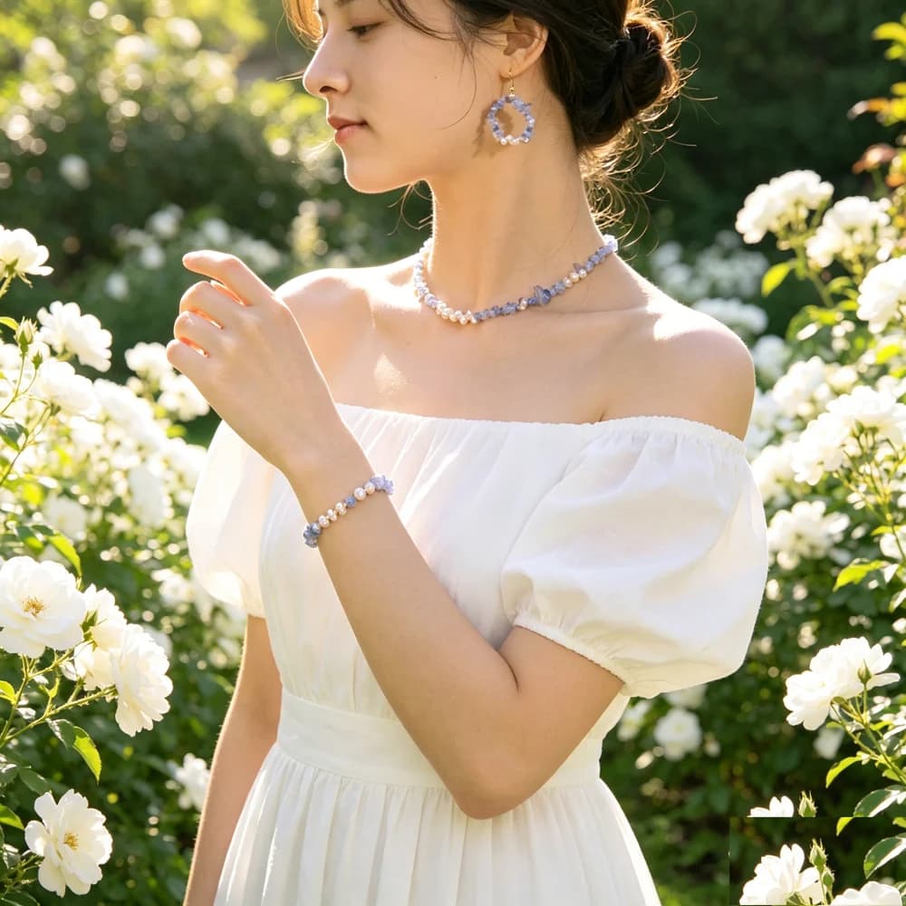 Women 3Pcs Pearl Aquamarine Jewelry Set Original Design Necklace Bangle Earrings Elegant Ornaments For Party Festival Gift