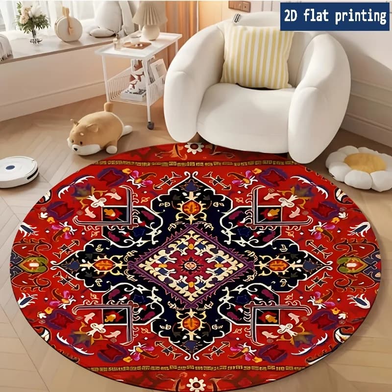 Bohemian Red Border Floral Circular Rug for Entry Sofa Chair Bedroom Bedside Holiday Present Washable Rug home decor carpet