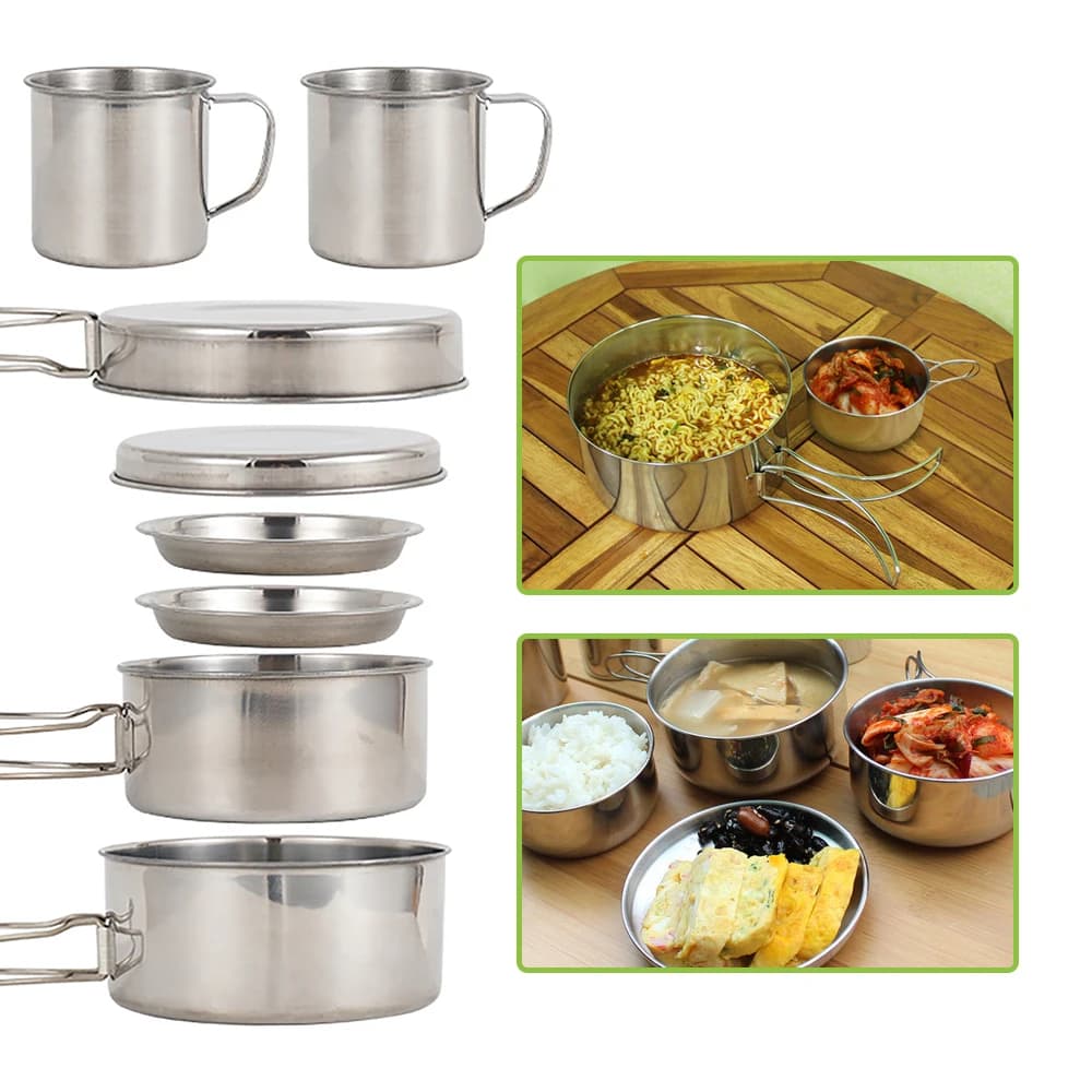Kit of camping pots 8 pieces Set of pots and stainless steel pans with plates and cups for outdoor camping, hiking, backpacking