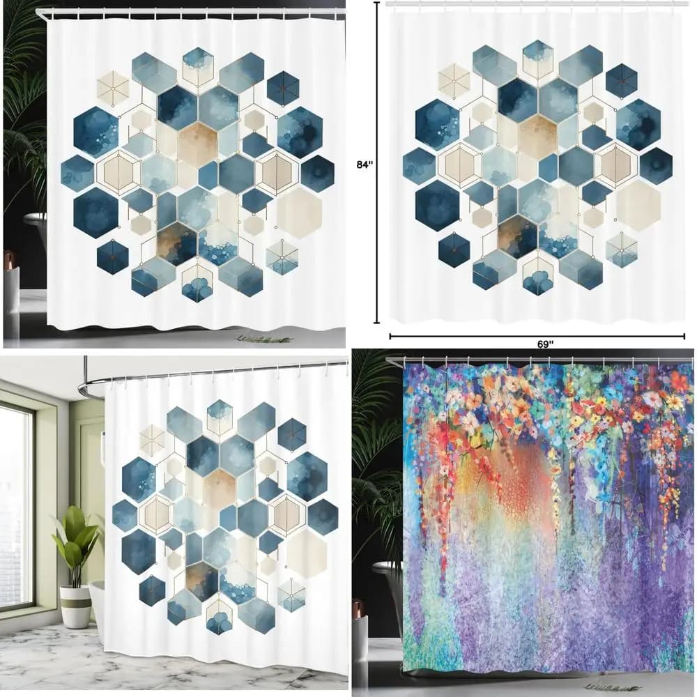 modern shower curtain with hexagonal pattern, blue geometric shapes, minimalist fabric for bathroom furniture