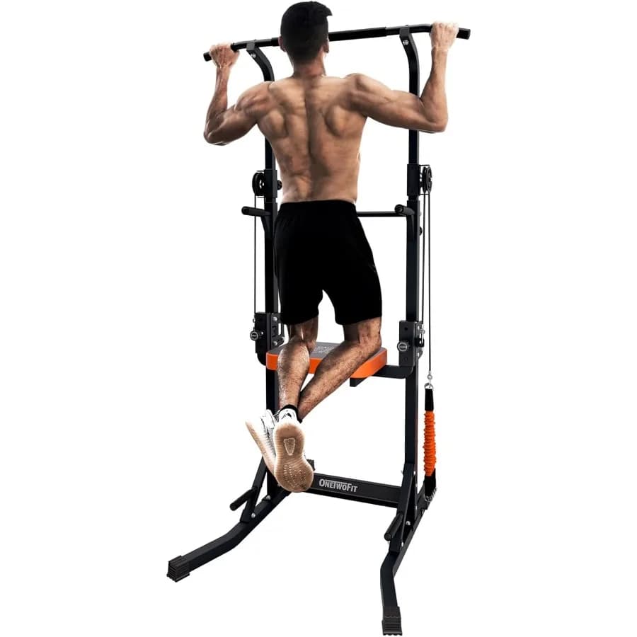 Power Tower Pull Up Bar Station Assistive Trainer, adjustable height multi-gym for gym workout at home, T force