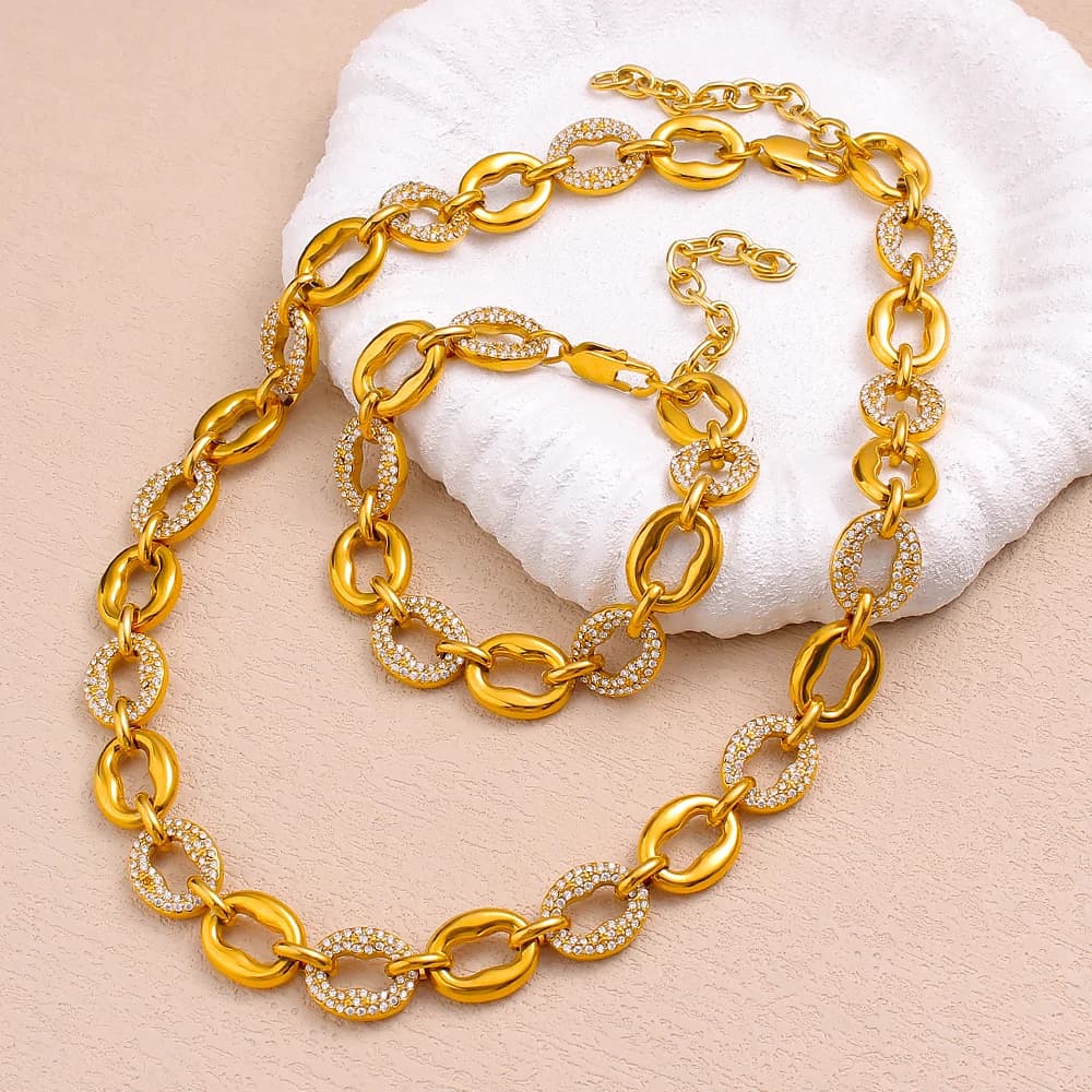 USENSET 18K Gold Plated Coffee Bean Chunky Necklace And Bracelet Set for Women Stainless Steel Statement Jewelry Combo