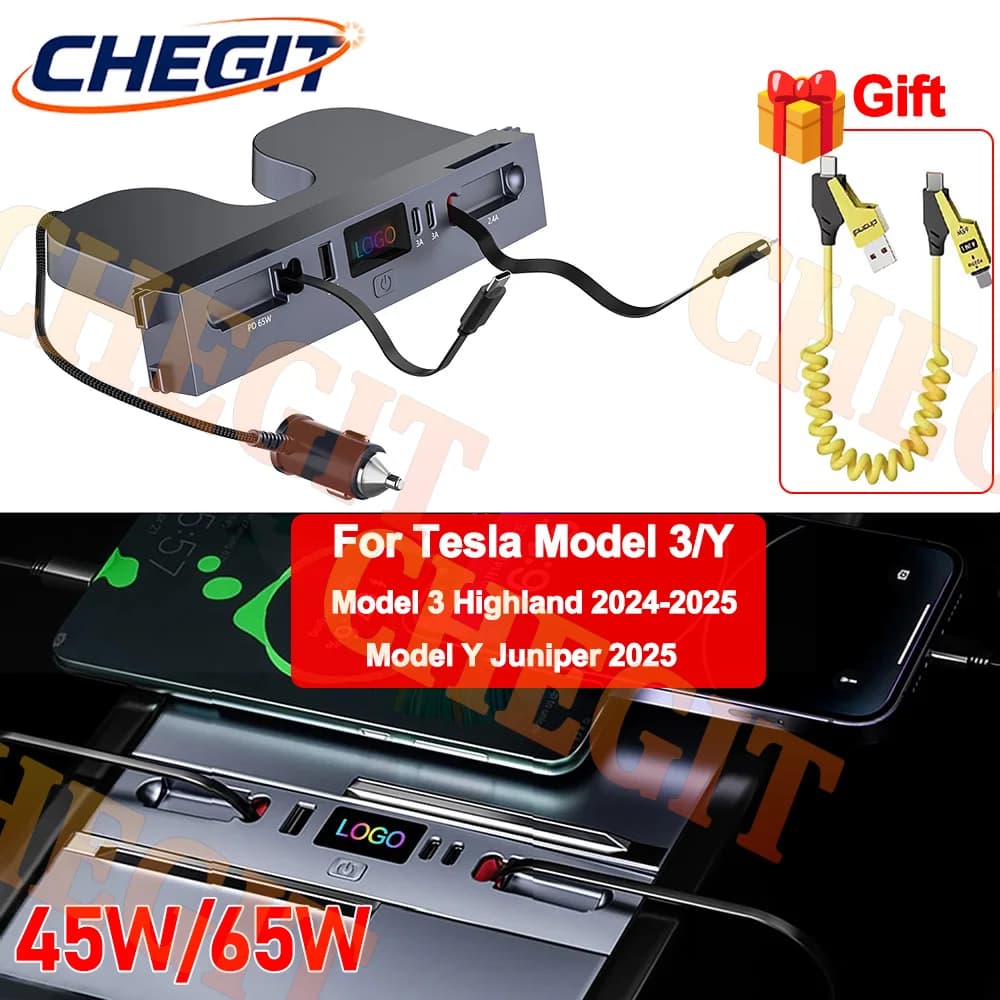 45W 65W For Tesla 2024-25 Model 3/25 Model Y, USB Shunt HUB Docking Station Smart Car Adapter Powered Splitter Extension