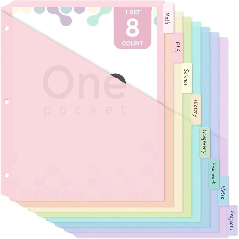 8 pcs A4 Pastel Binder Dividers 8-Tab Dividers 3-Ring Binder Plastic File Folders Single Pocket Single Pocket Dividers