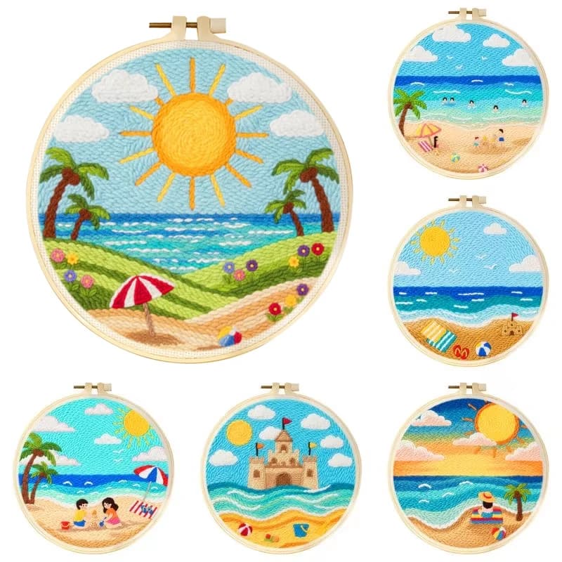 Summer Beach Sea View Punch Needle Embroidery Kit with Hoop DIY Handmade Craft Set for Beginners Home Wall Art Decor Gift