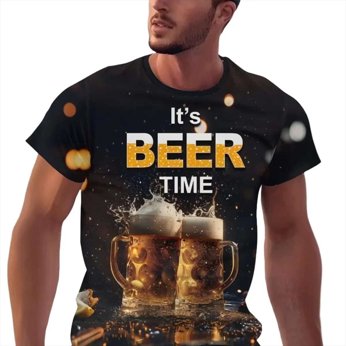 T-shirt da uomo elegante con stampa 3D di birra, grafica dei cartoni animati, girocollo, traspirante, streetwear, prima scelta per abiti unici