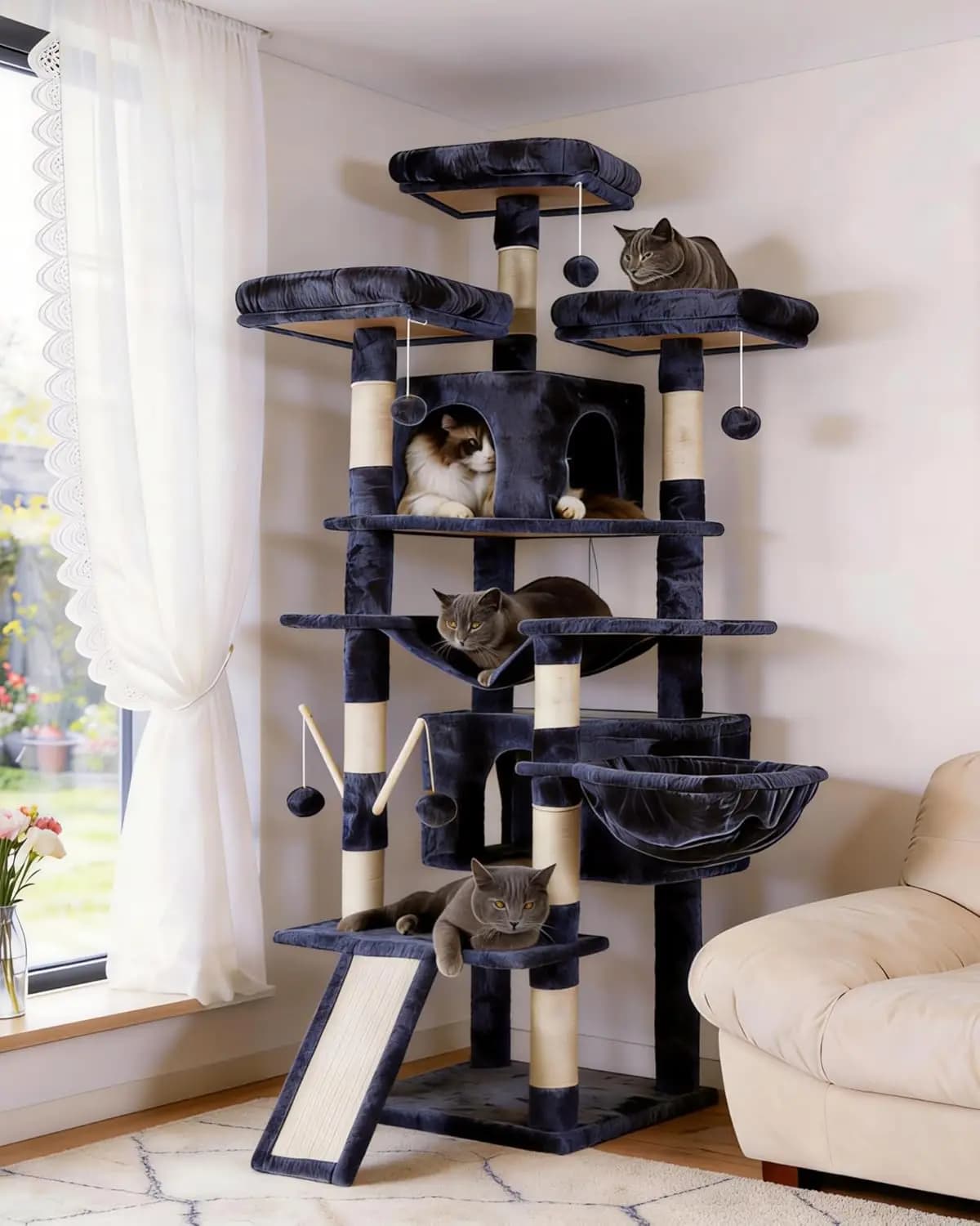 Torre per Gatti XL da 71 Pollici con Piattaforme Multi-Livello, Tiragraffi, Cesto e Cuccette per Gatti da Interno in Grigio Fumo
