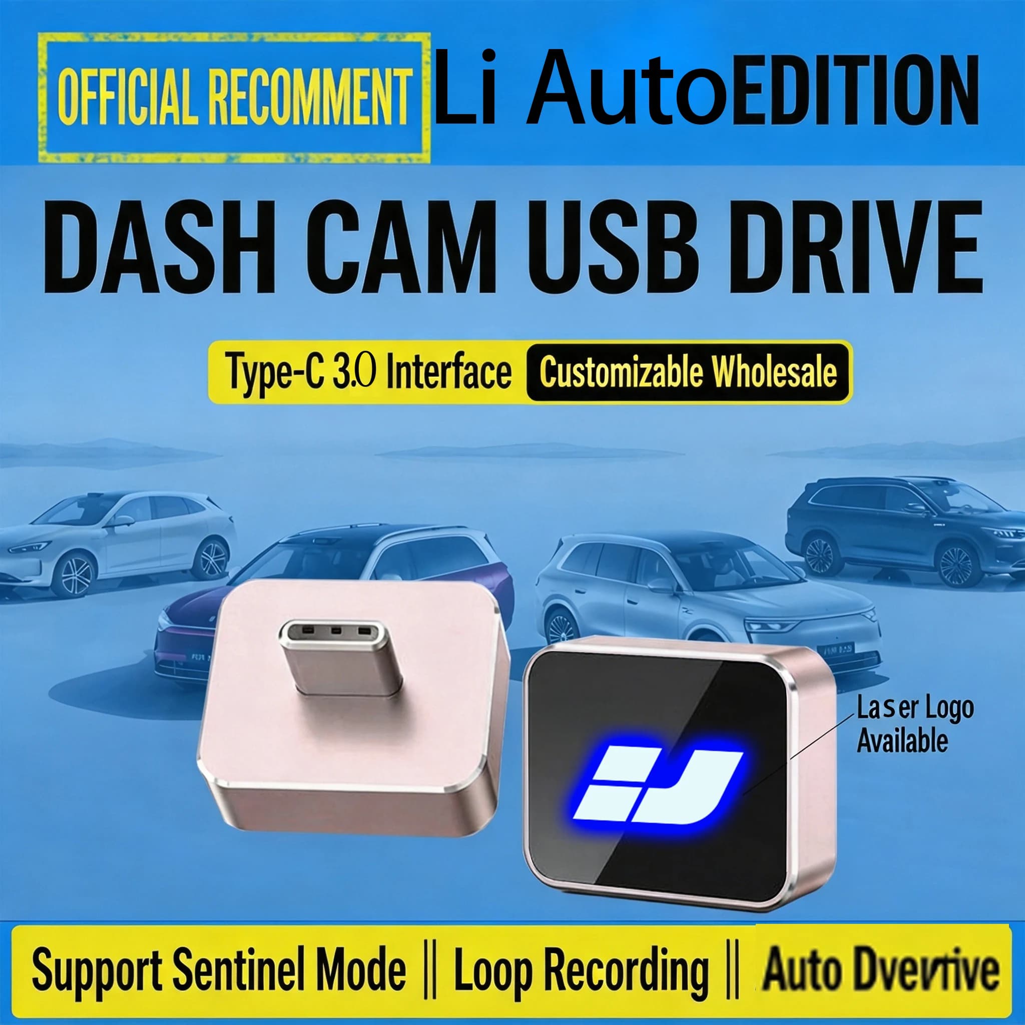 Fit For Li Auto L6/L7 Car DVR U Disk Sentry Mode Vehicle Storage USB Tpye-c Flash Drive Illuminated Alloy Dash Cam / Sentry Mode