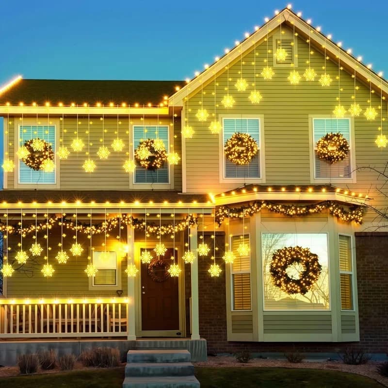 Solar Snowflake Curtain String Lights Waterproof LED Hanging Fairy Light For Window Home Christmas Holiday Party Wall Decor Lamp