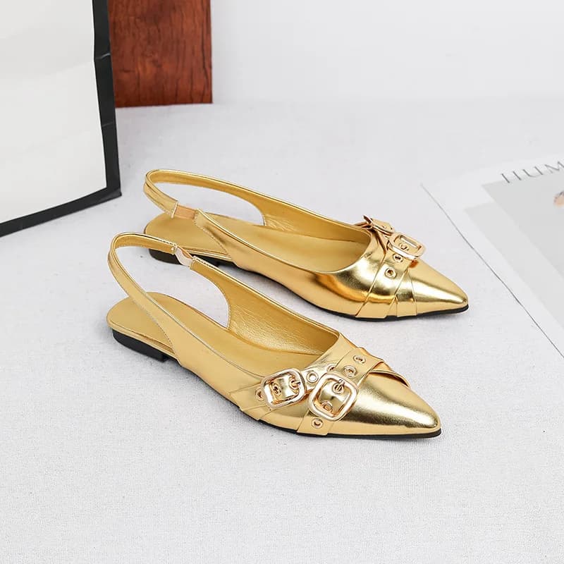 Women's Outdoor Wear Flat Head Sandals Belt Buckle Semi-Pack Pointed Toe Large Size Shoes from 35 to 45 Flat Heel Slippers