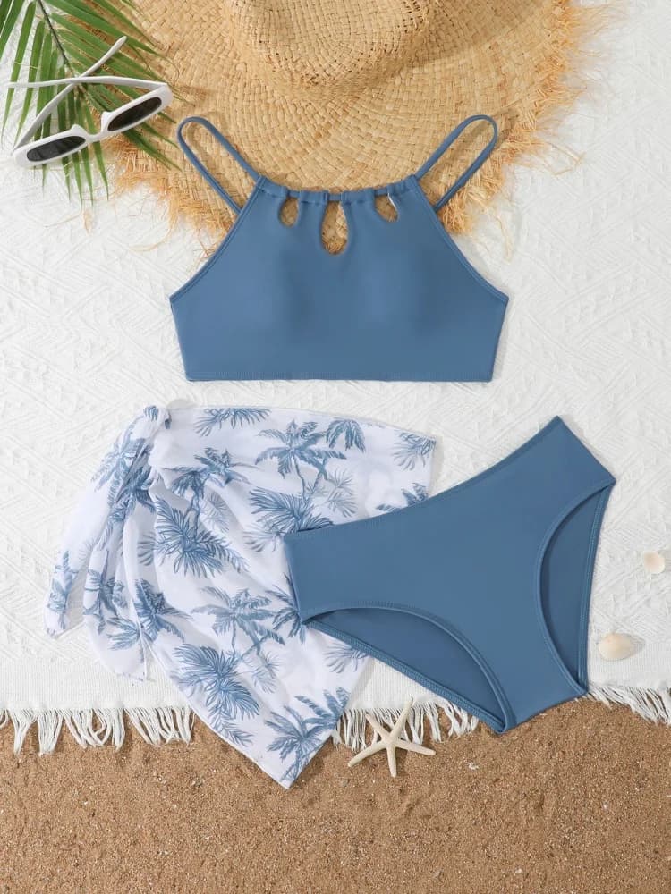 Costume da bagno bikini per bambine 2026, nuovo set bikini a tinta unita con spalline, costume da bagno estivo per bambini, tre pezzi con copricostume in rete per la spiaggia