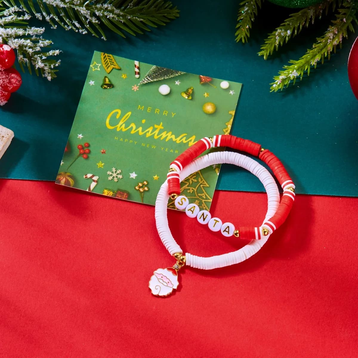Braccialetti di Natale Ciondolo di Babbo Natale Lettere in resina Argilla morbida con perline Bracciale a doppio strato Regalo di gioielli per le donne Uomini