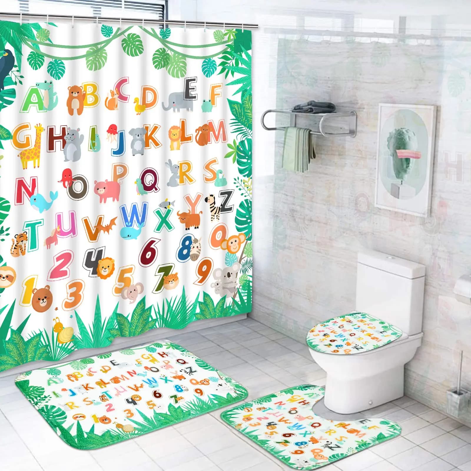 Set di tende da doccia con mappa del mondo animale con tappeti antiscivolo Copri coperchio per WC Tappetino da bagno Set di tende da bagno per geometografia educativa per bambini