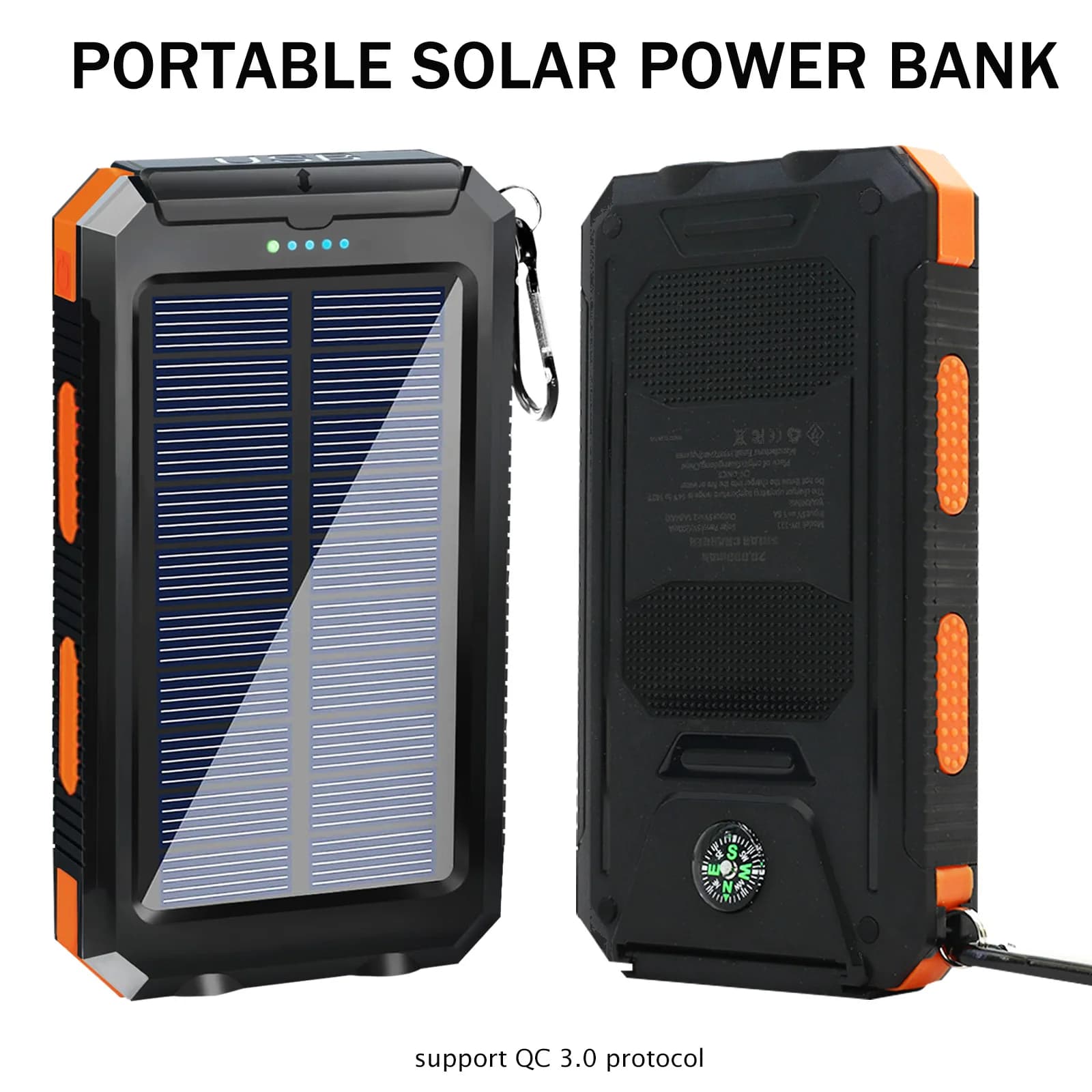 20000mAh Solar Power Bank, Quick Charging, External Battery with Dual USB Port and Type-C for Camping, Hiking and Leisure