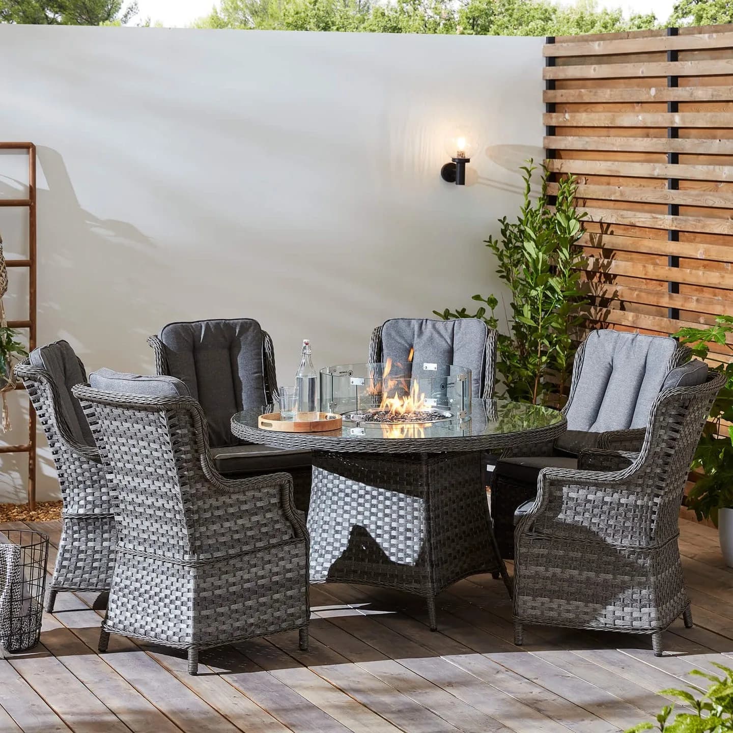 Aluminium Garden Furniture Patio Metal Rattan Armchairs With Round Fire Pit Table Outdoor Wicker Dining Set With Fire Pit Table
