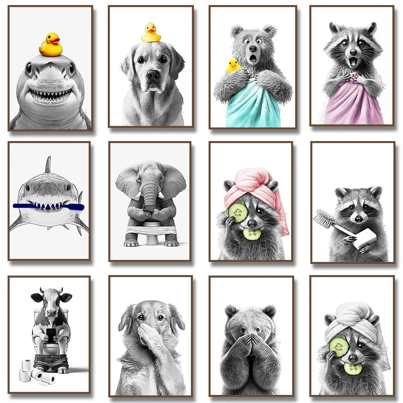 1pc framless Canvas Painting Black and White Funny Bathroom Poster Toilet Shark Bear Raccoon with Brush and Soap Canvas Paint