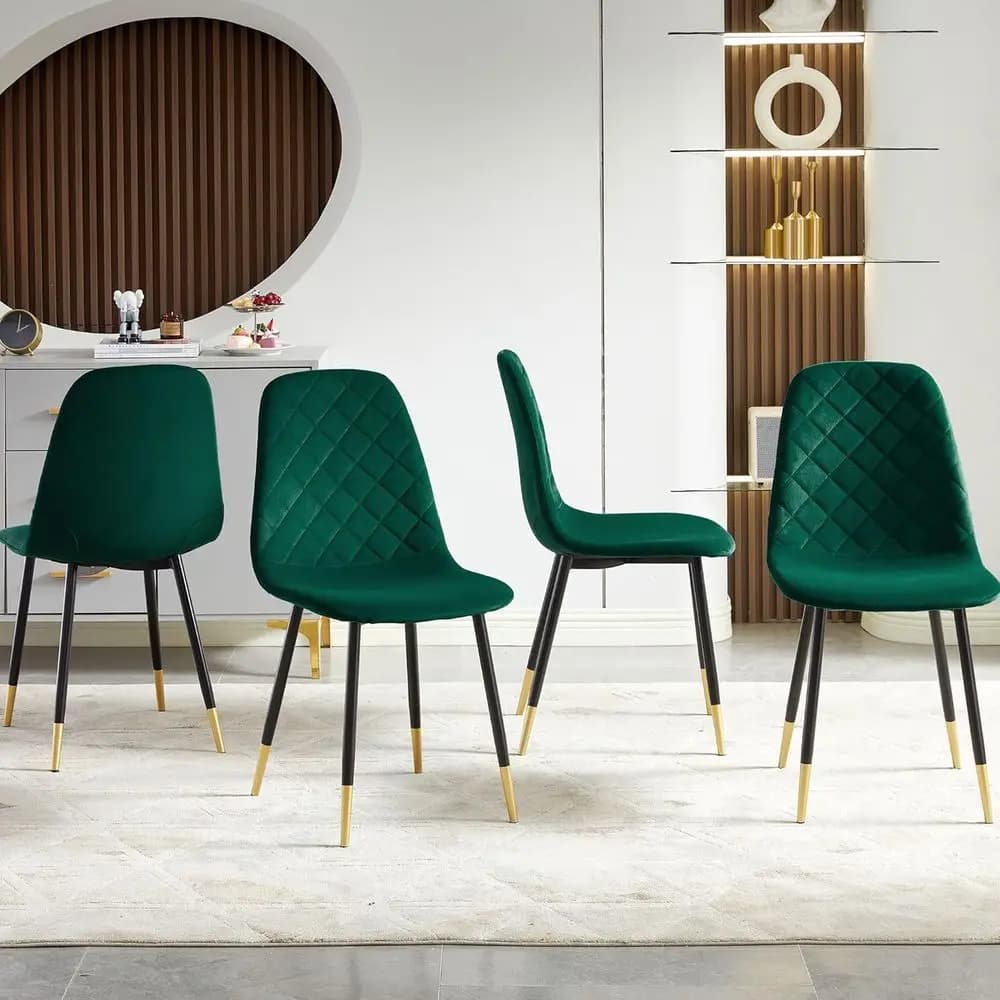 Sedie da Pranzo Imbottite in Velluto Verde Kelly con Schienale e Gambe in Metallo, Set di 4