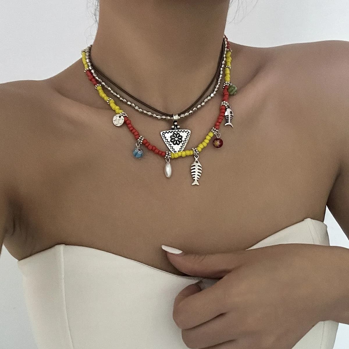Necklace Bohemian Ethnic Multicolor Seed Bead Tassel Fish Tail Flower Pendant Layered Lightweight Durable Versatile Women