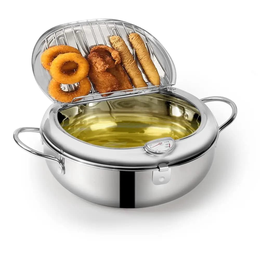 Pentola per frittura profonda, pentola per frittura profonda in stile giapponese con termometro, coperchio, griglia di drenaggio per il drenaggio dell'olio per patatine fritte