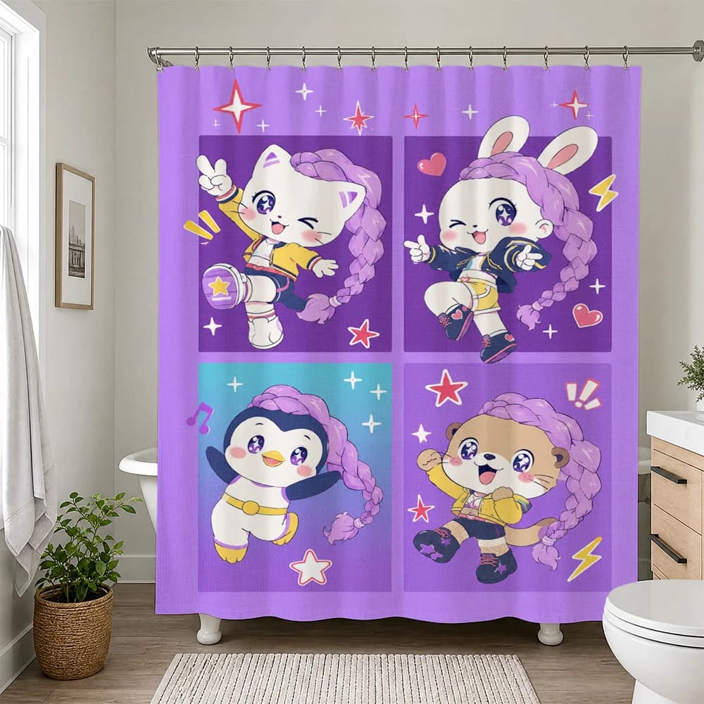Cute Kawaii Cartoon Character Shower Curtain Bathroom Decor Fun Pop Art Anime Style Shower Curtain