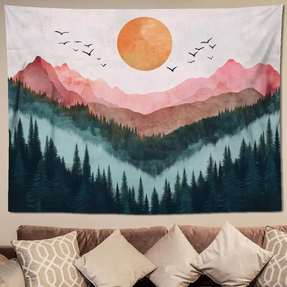 Sunset Mountain Forest Tapestry - Large Nature Landscape Wall Hanging, Aesthetic Pine Tree Scenery Wall Art for Bedroom & Living