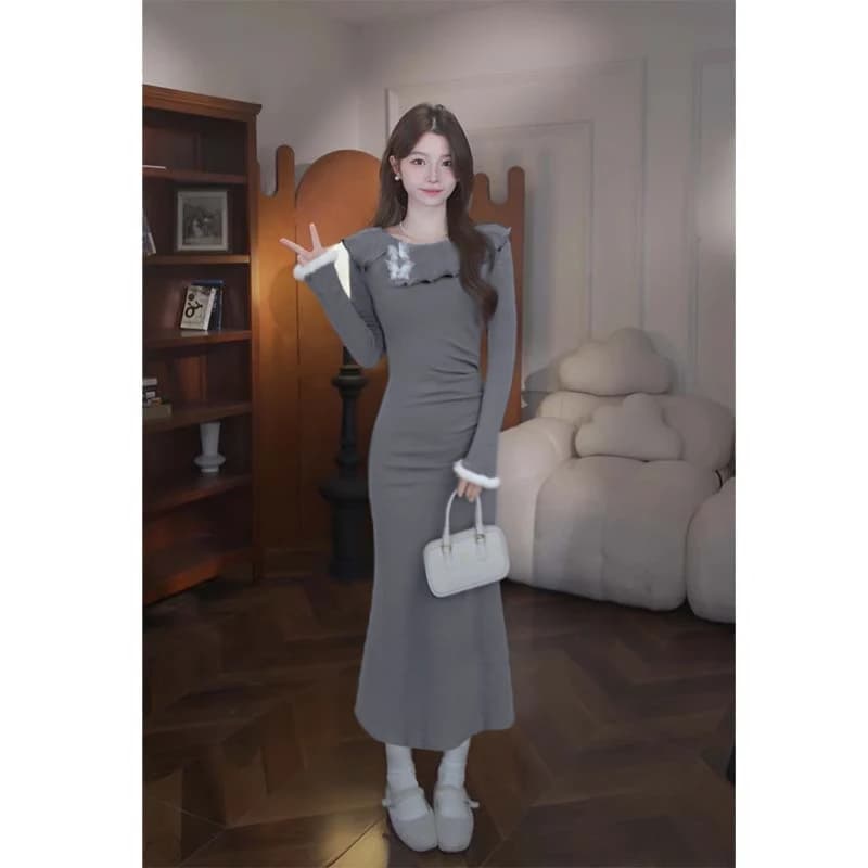 Nuovo Stile Autunno Inverno, Abito Coreano a Due Pezzi dall'Atmosfera Delicata, Vestito Base Layer con Gonna a Vita Alta a Linea A