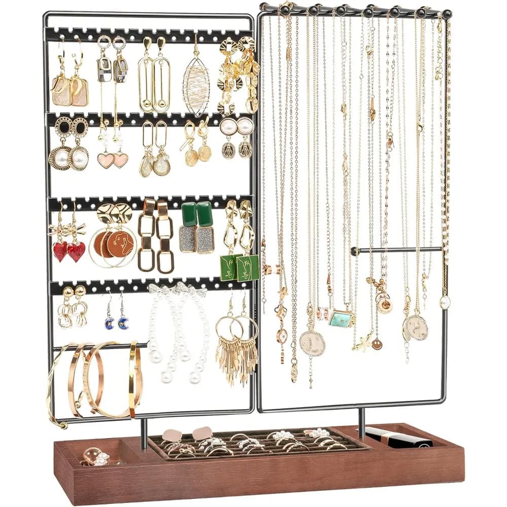 Supporto per organizer per gioielli a 6 livelli – Albero per orecchini a 144 fori con vassoio per anelli in legno, supporto per bracciali e collane per donne e ragazze (nero)