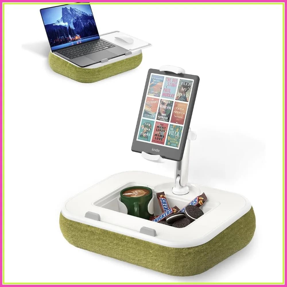 Supporto per cuscino regolabile Viozon per Kindle, tablet, telefono e laptop con tappetino per mouse, ciotola per snack e portabicchieri, rimovibile a 360° ° Braccio