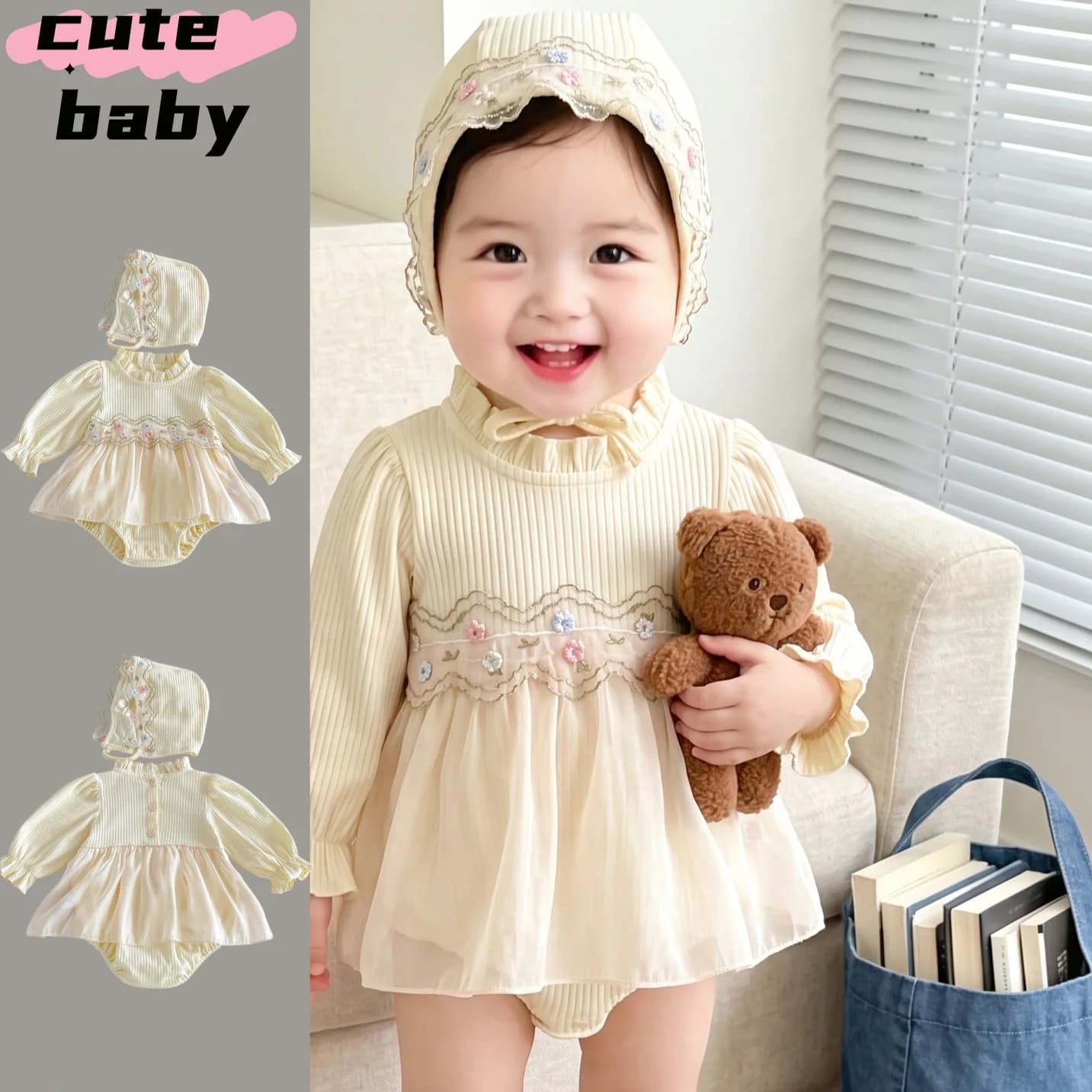 2026 New Arrival Baby Autumn Outfit for Girls: Cotton Lace Trim Embroidered Bodysuit and One-Year-Old Netting Princess Dress
