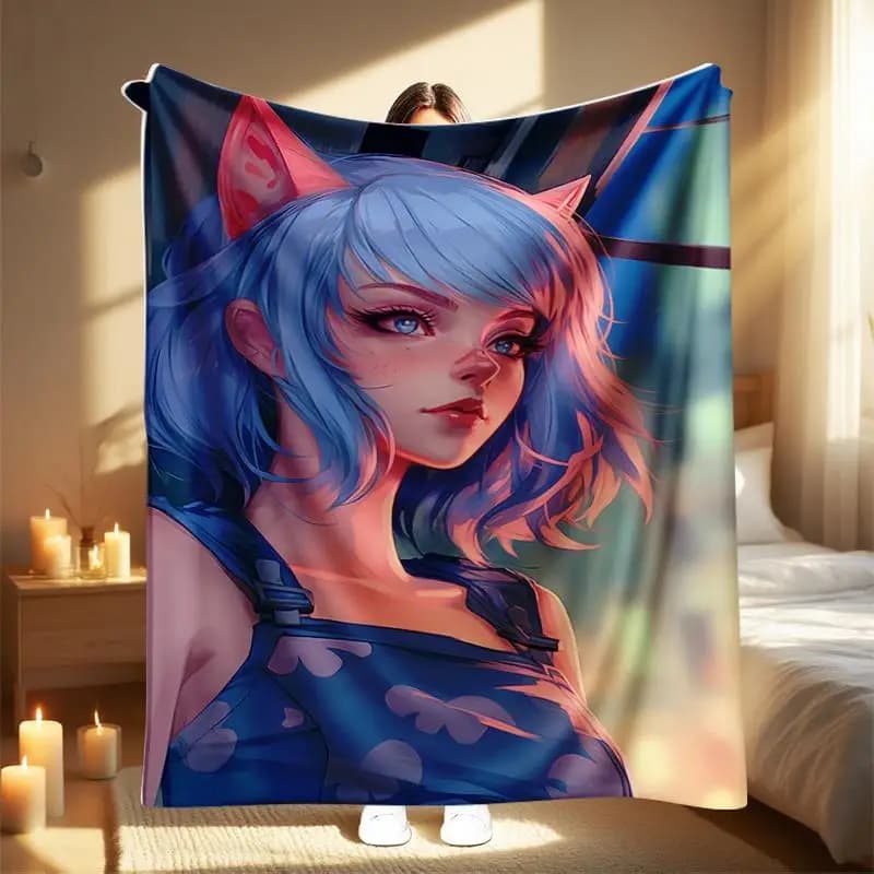 Anime cat-ear girl pattern Flannel printed blanket suitable for all seasons suitable for living room office sofa and travel