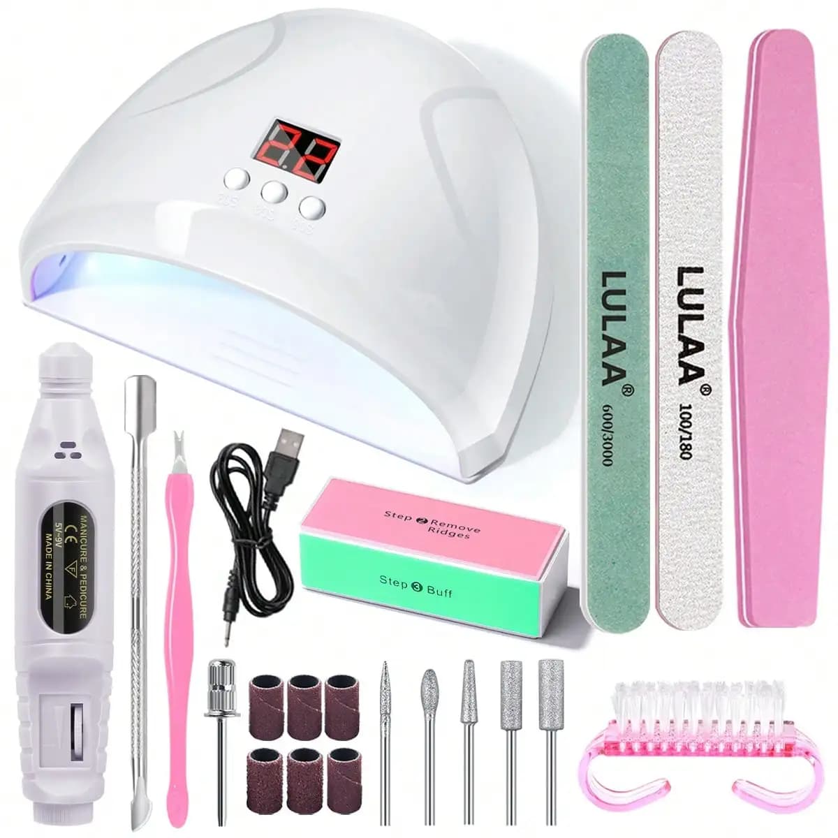 Set di Strumenti per Nail Art, Lampada UV per Unghie, Macchina per Asciugare lo Smalto Gel, Trapano Elettrico per Unghie, Forchetta per Cuticole, Spingicuticole