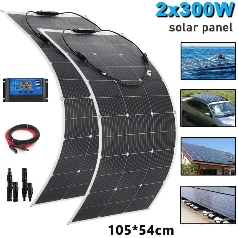 600W 300W Kit pannello solare flessibile portatile Celle monocristalline Caricatore esterno per campeggio Yacht Lampione stradale Auto di emergenza