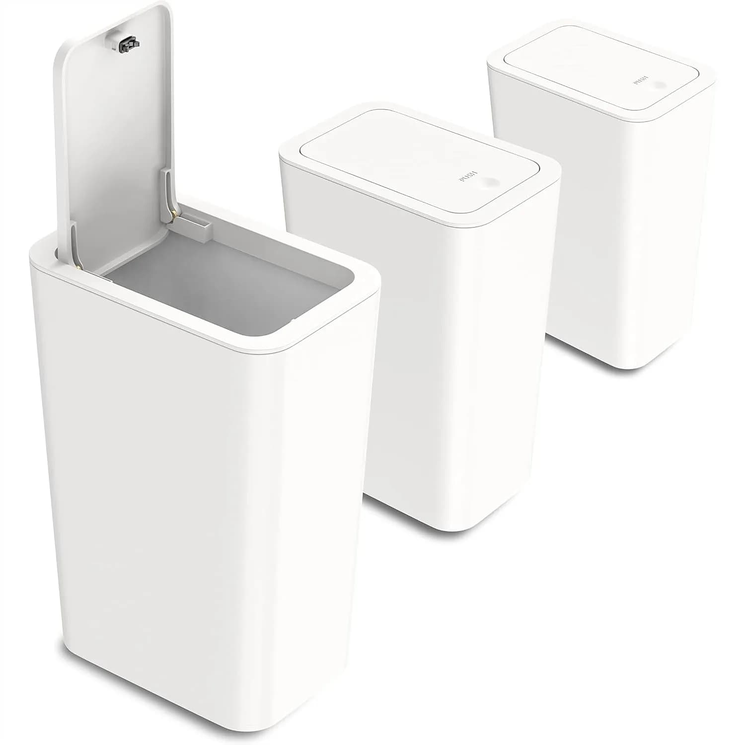 3 Pack Small Trash Can with Lid 10L / 2.6 Gallon Pop-Up Waste Basket for Bathroom Kitchen Bedroom Office Off White