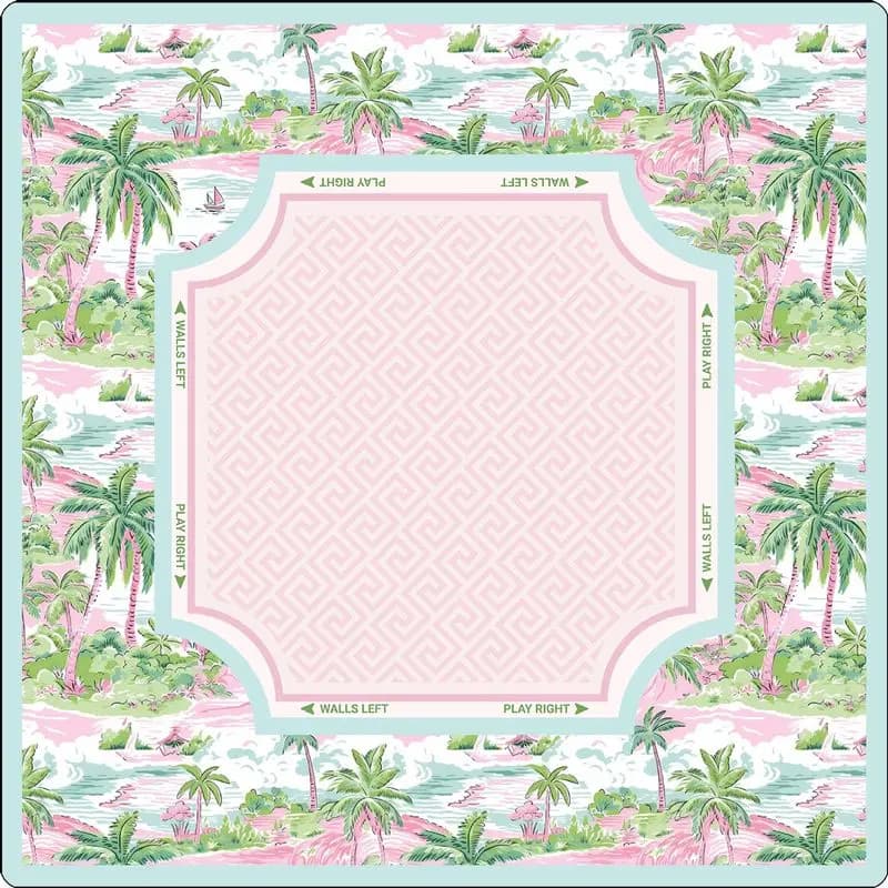 VIKAMA Pastel Tropical Palm Island American Mahjong Mat Silent Non Slip Foldable Square Game Pad Summer Coastal Desktop Decor