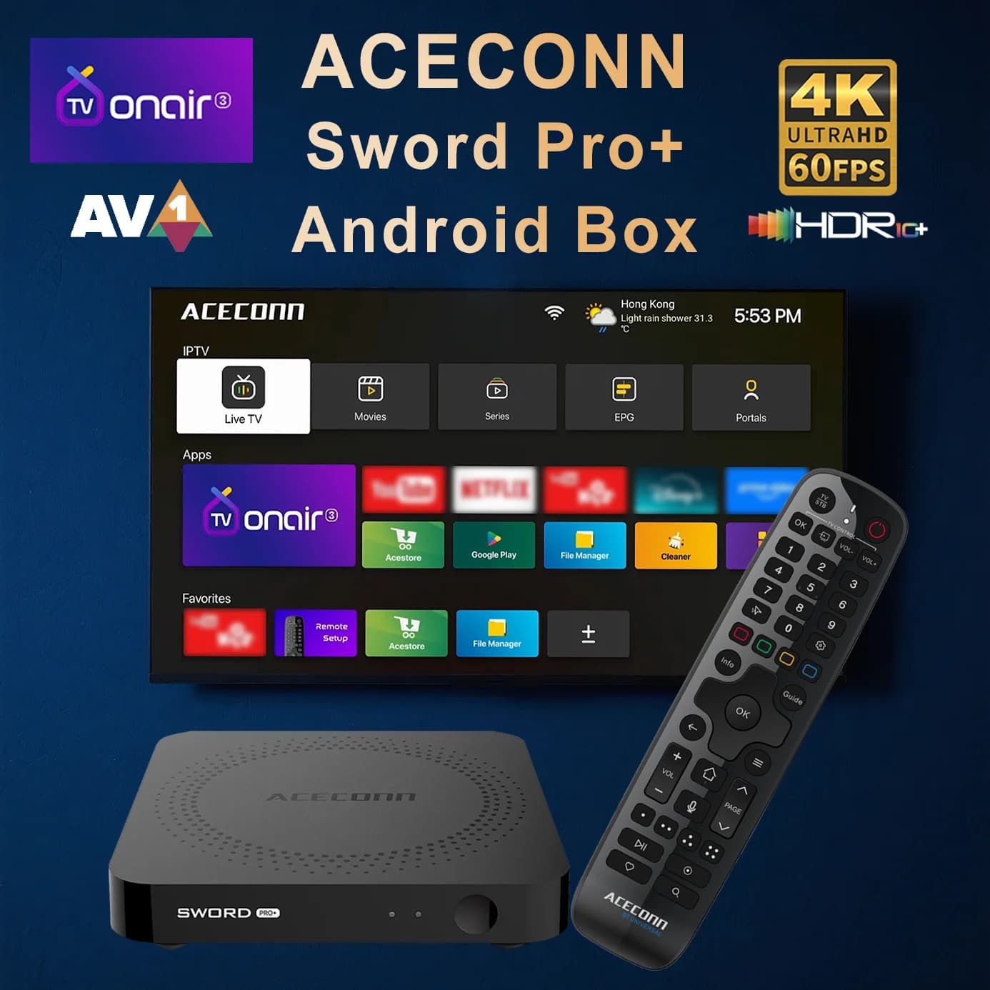 ACECONN Streaming IPTV Android 4K TVONAIR3 Double WiFi BT Support Remote Voice Retro Lighting Hotkey Find RCU Sword Pro + TV Box