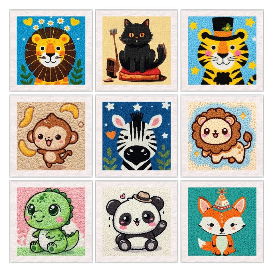 Kit per Ricamo Punch Needle 25X25CM, Set per Ricamo Punch Needle Fai-da-Te con Animali Carini, Arte del Cucito e Decorazione per la Casa