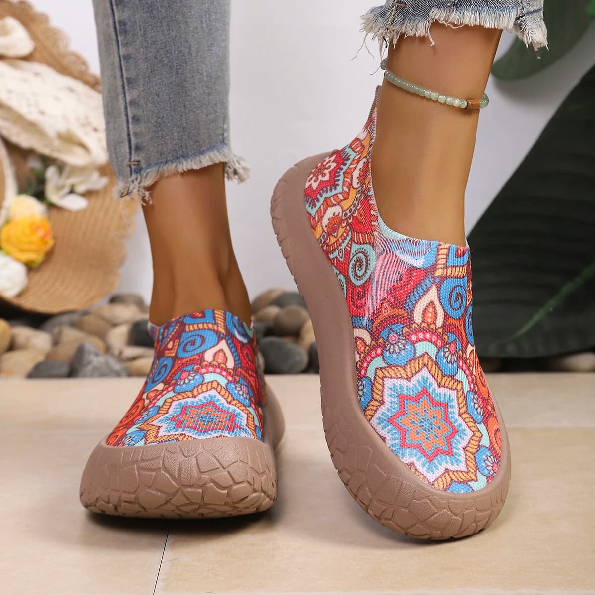 Women Mesh Slip On Sneakers Summer Bohemian Mandala Print Thick Anti Slip Platform Casual Daily Walking Shoes 4 Colors Available