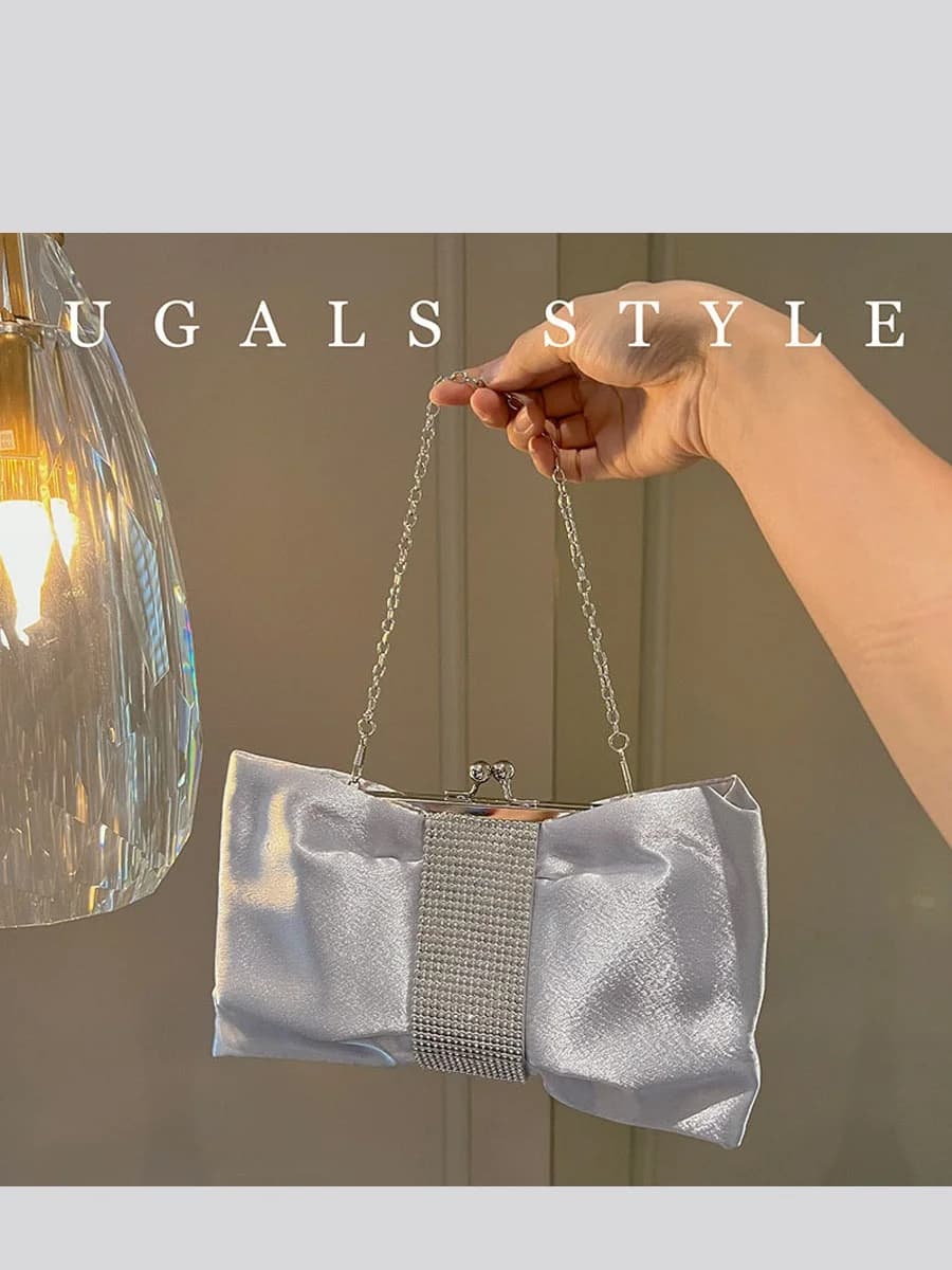 Borsa a Tracolla UGALS con Strass Luccicanti, in Raso di Seta, con Nodo e Diamanti, per Feste Serali, per Giovani