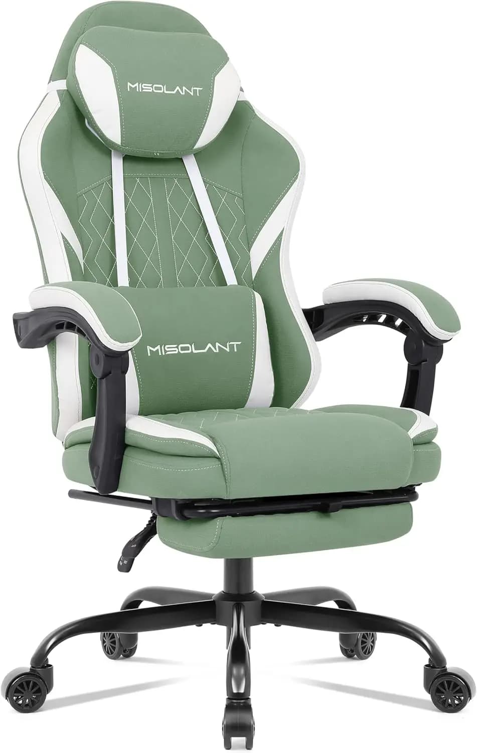 High Back Ergonomic Gaming Chair with Footrest, Fabric Computer Chair Adjustable Headrest & Massage Lumbar Support, 90-155° Recline, Green