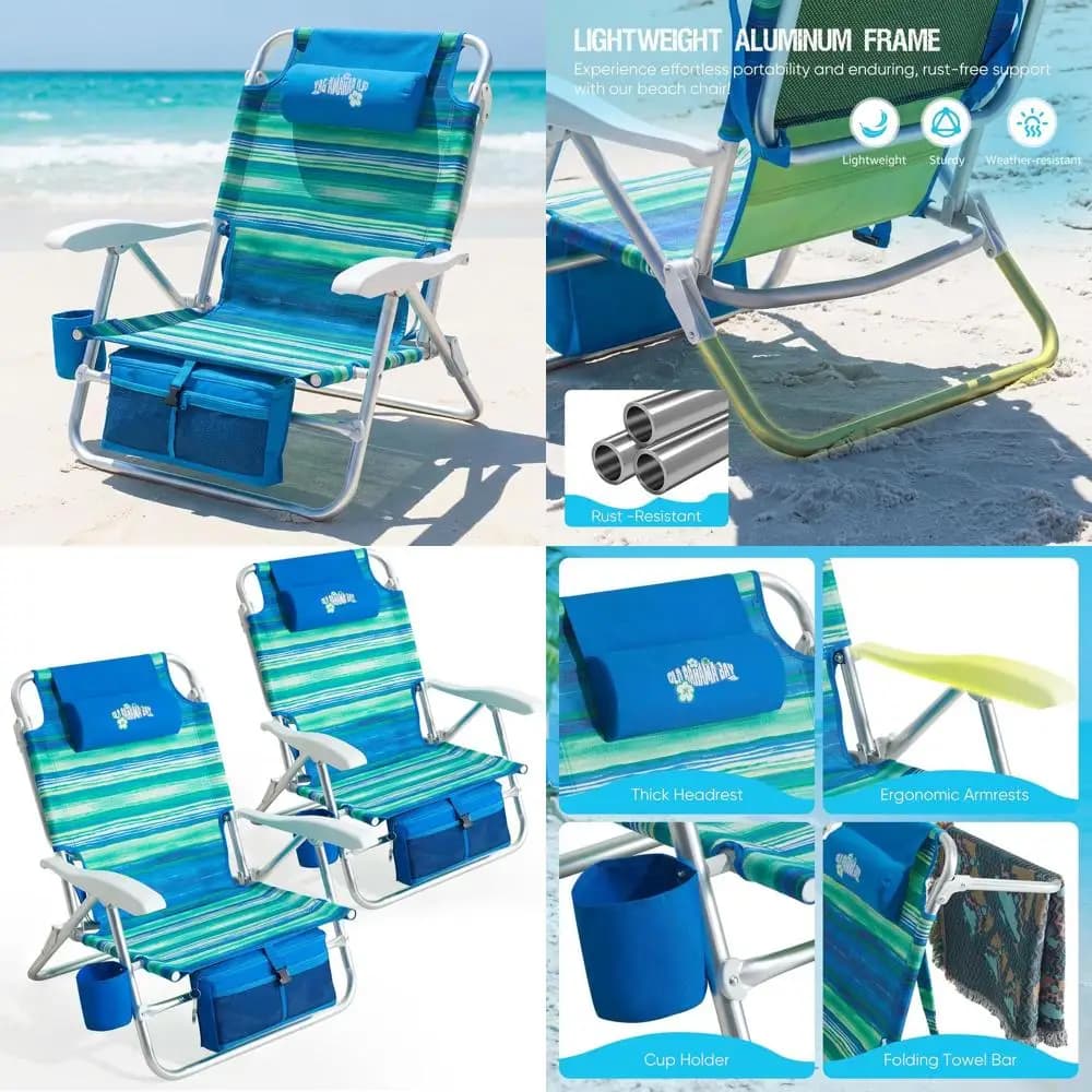 Sedia da Spiaggia Reclinabile Portatile a 7 Posizioni con Zaino, Porta Asciugamani e Borsa Termica