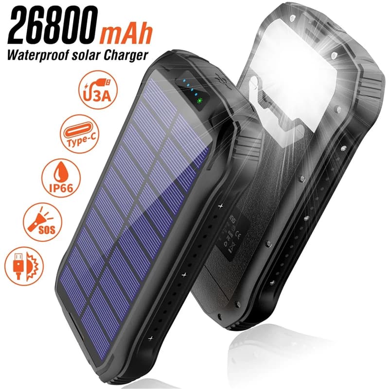 Solar Power Bank 26800mAh Caricatore rapido portatile Powerbank per iPhone 15 Samsung Huawei Xiaomi USB C Poverbank con luce da campeggio