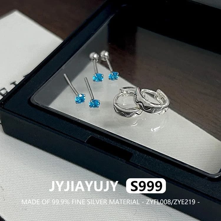 JYJIAYUJY Set di orecchini a bottone S999 in argento pregiato originale al 100% con eleganza circolare blu con zirconi per le donne ZYFL008/ZYE219