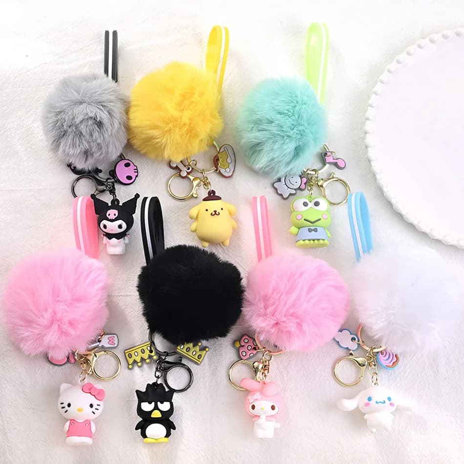 Portachiavi Sanrio Kawaii Hello Kitty Kuromi Melody Cinnamoroll con morbida palla di pelliccia di coniglio, ciondolo per borsa da ragazza, souvenir