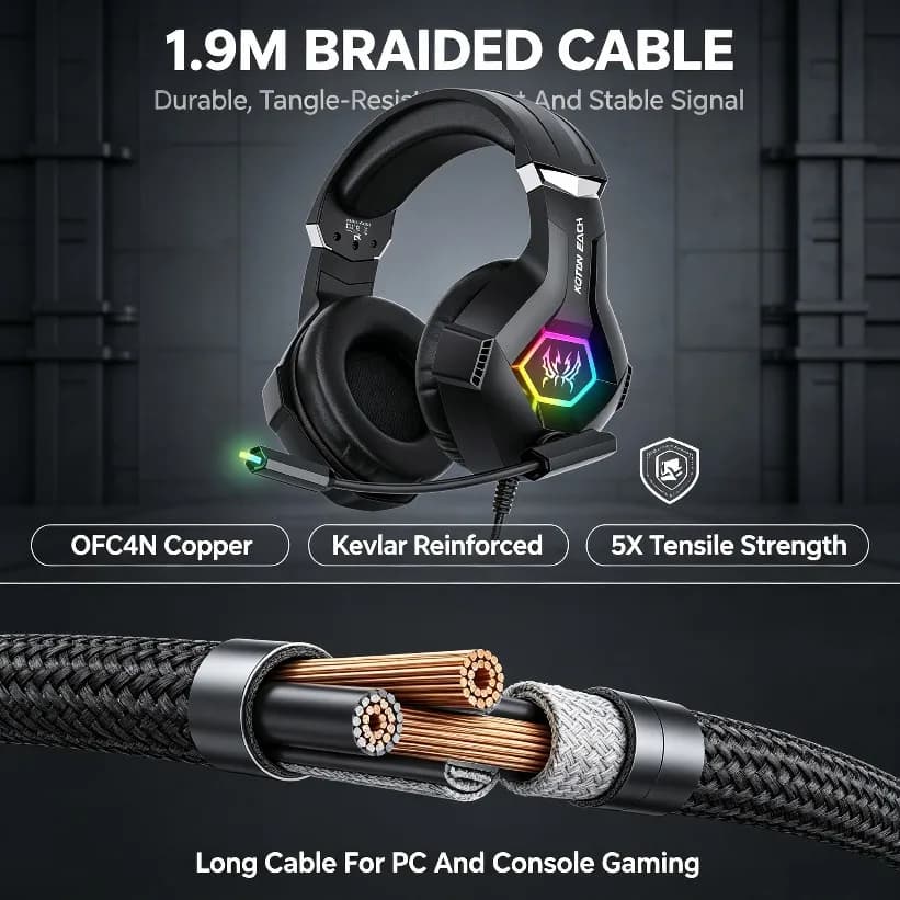 For Xbox Gaming Headset Wired Stereo Bass RGB Light Noise Cancelling Mic For PS4 PS5 PC Mobile 3.5mm USB Braided Cable