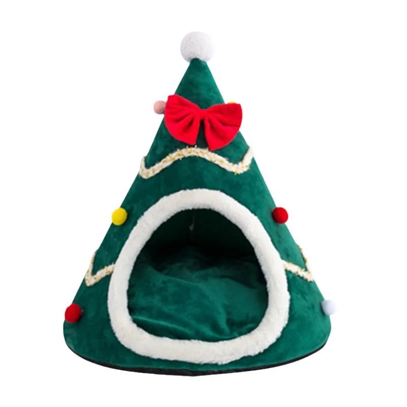 Letto per gatti dal design dell'albero di Natale in classico rosso e verde - Interno in caldo pile, simpatico nido per animali domestici a tema natalizio per gatti