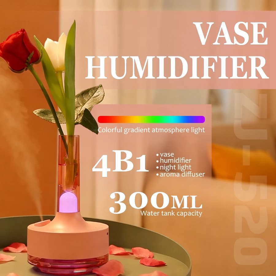 2026 Vase Aroma Diffuser, Rechargeable Cool Mist Humidifier, 7 Color Night Light, 300ml, Quiet Essential Oil Diffuser for Home