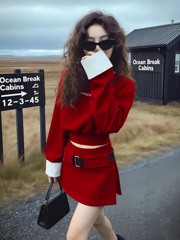 Red Sweatshirt And Skirt Set Winter Fashionable Ageless Stylish Two-Piece Suit Sweet Style Long Sleeve Knitted A-Line Dress