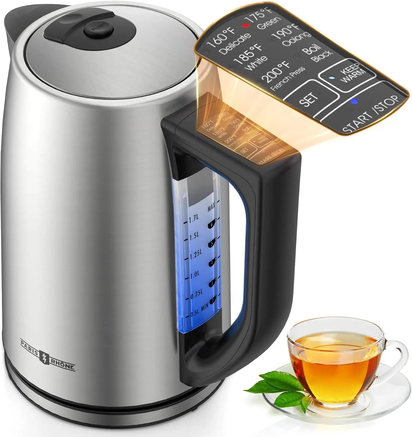 1.7 liters stainless steel electric kettle with temperature control, LED light, 1500 W fast heating, automatic shutdown